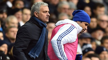 HLV Mourinho và Diego Costa trong trận đấu với Tottenham hôm 29-11. Ảnh: AFP