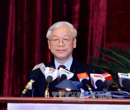 Tổng Bí thư Nguyễn Phú Trọng phát biểu bế mạc hội nghị. Ảnh: TTXVN