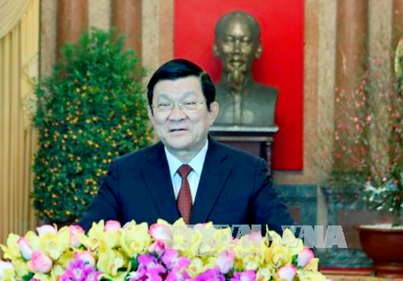  Chủ tịch nước Trương Tấn Sang đọc Lời chúc Tết đến cán bộ, chiến sĩ, đồng bào cả nước và kiều bào ta ở nước ngoài. Ảnh: TTXVN