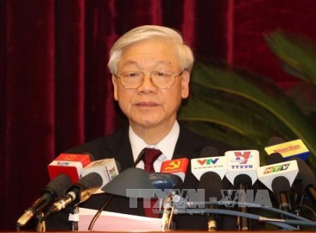 Tổng Bí thư Nguyễn Phú Trọng phát biểu bế mạc hội nghị. Ảnh: TTXVN 
