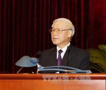  Tổng Bí thư Nguyễn Phú Trọng phát biểu bế mạc Hội nghị. Ảnh: TTXVN. 