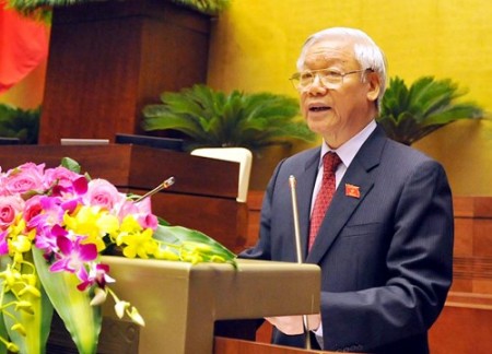 Tổng Bí thư Nguyễn Phú Trọng  phát biểu tại lễ khai mạc kỳ họp đầu tiên của Quốc hội khóa XIV.  Ảnh: Chinhphu.vn.